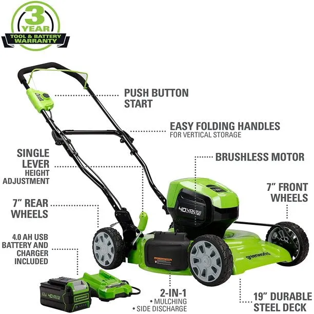 40V 19" Cordless Battery Push Mower w/ 4.0Ah Battery & Charger