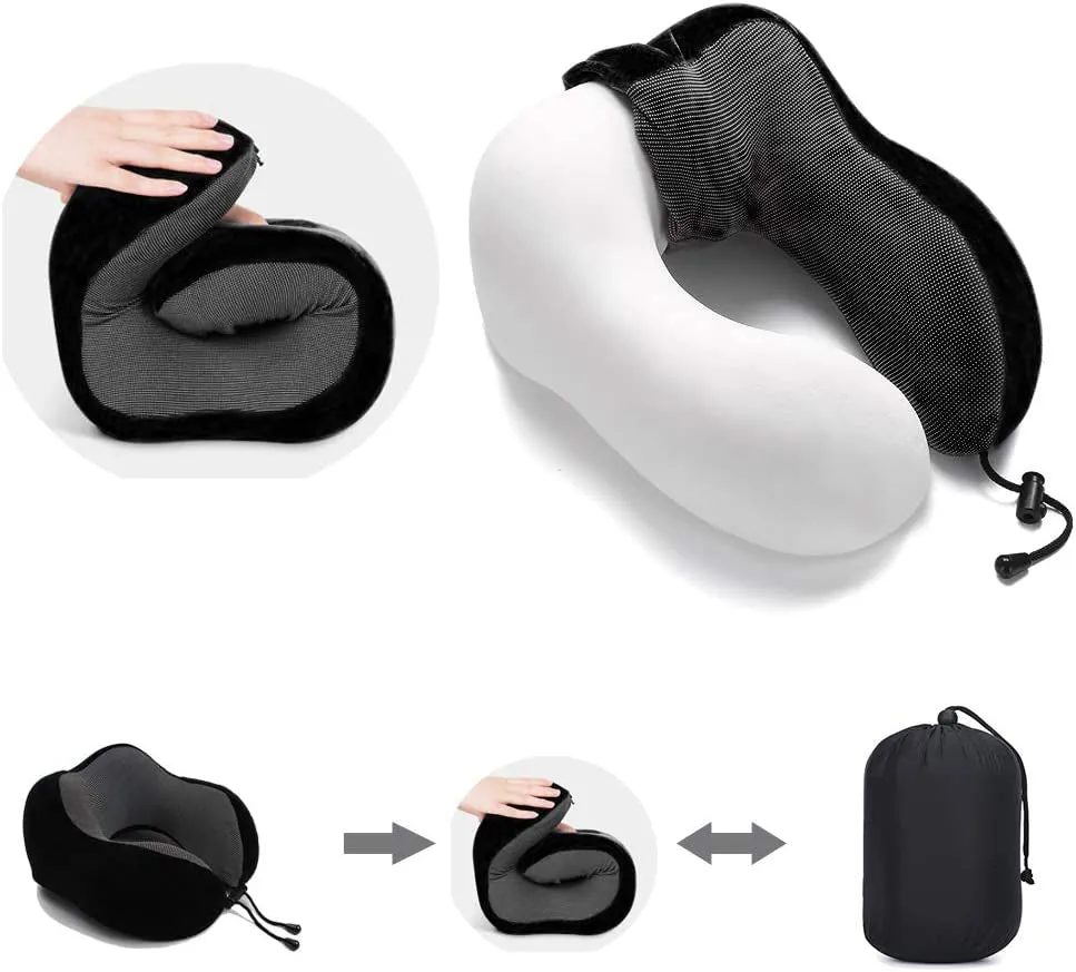 4Pcs Airplane Travel Kit With Neck Pillow,Eye Masks,Earplugs-Black