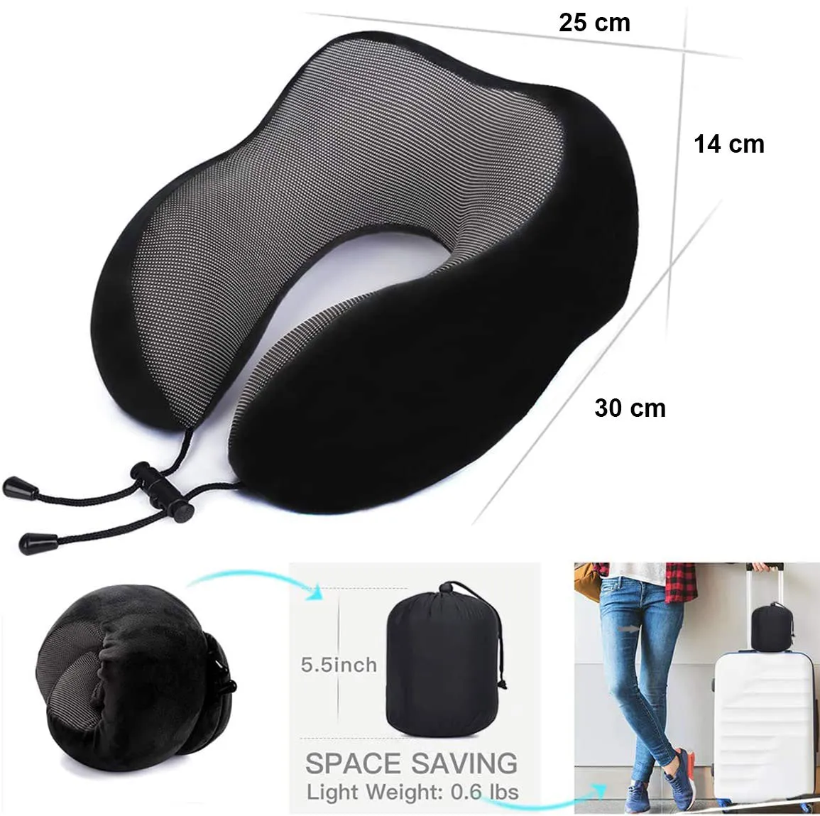 4Pcs Airplane Travel Kit With Neck Pillow,Eye Masks,Earplugs-Black