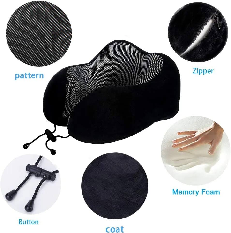 4Pcs Airplane Travel Kit With Neck Pillow,Eye Masks,Earplugs-Black