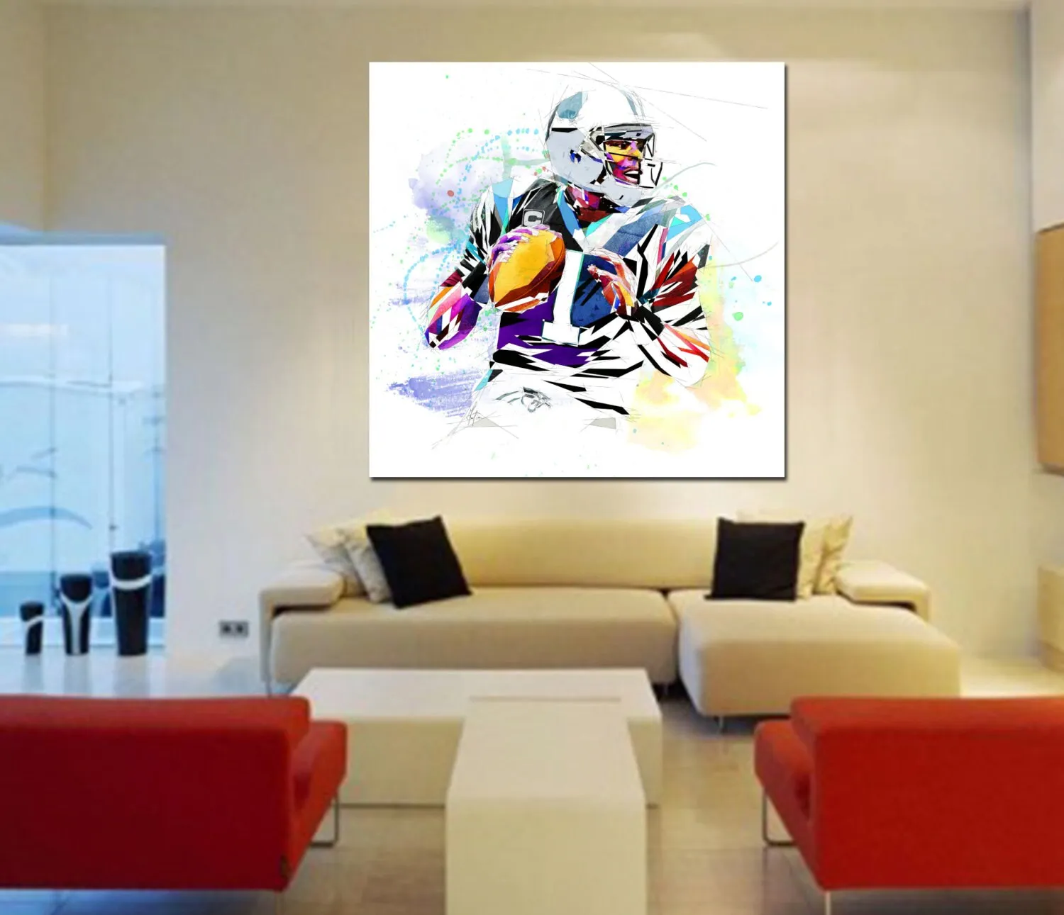 Abstract Canvas Cam Newton Football Art, Carolina Panthers Football Player Poster NFL-CN01