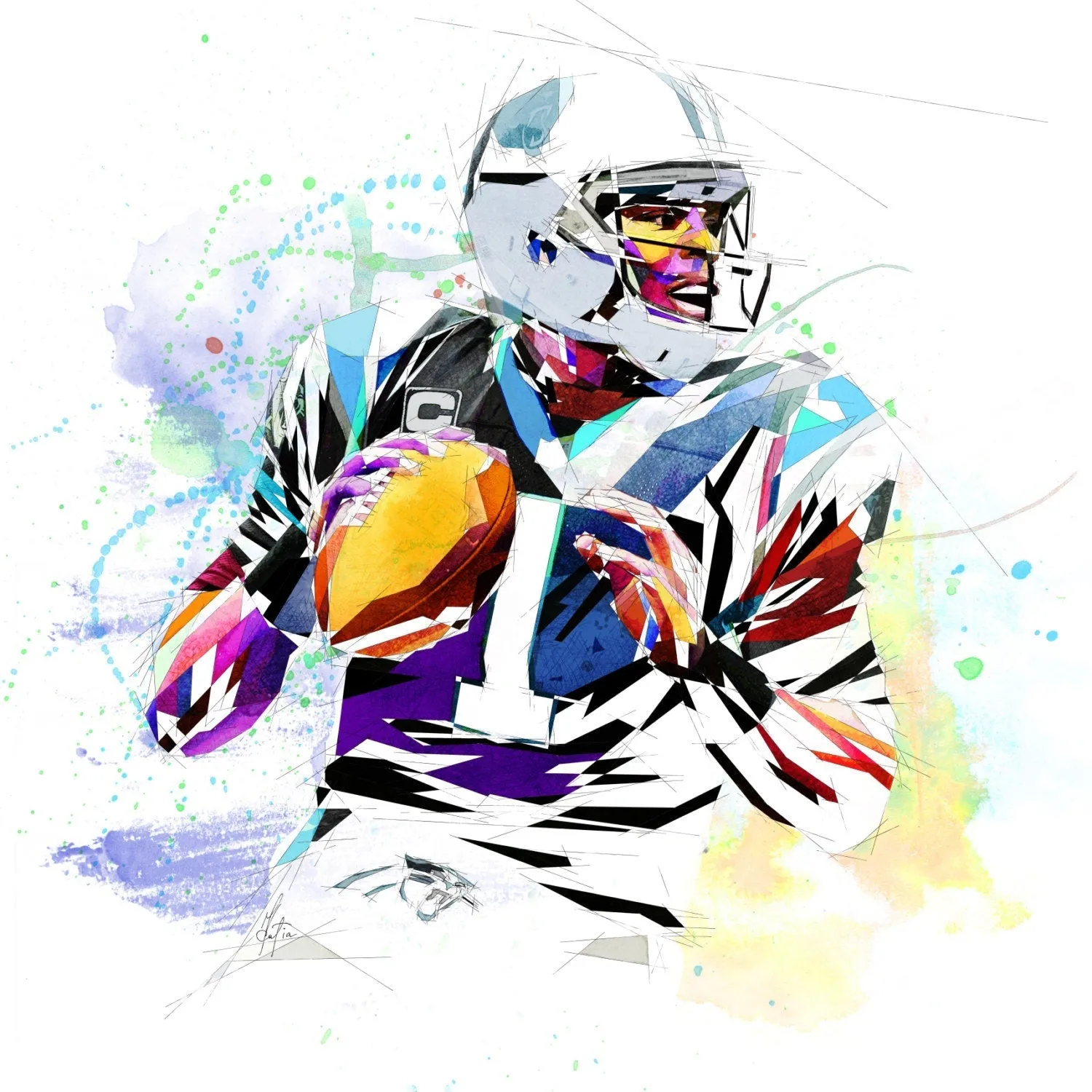 Abstract Canvas Cam Newton Football Art, Carolina Panthers Football Player Poster NFL-CN01