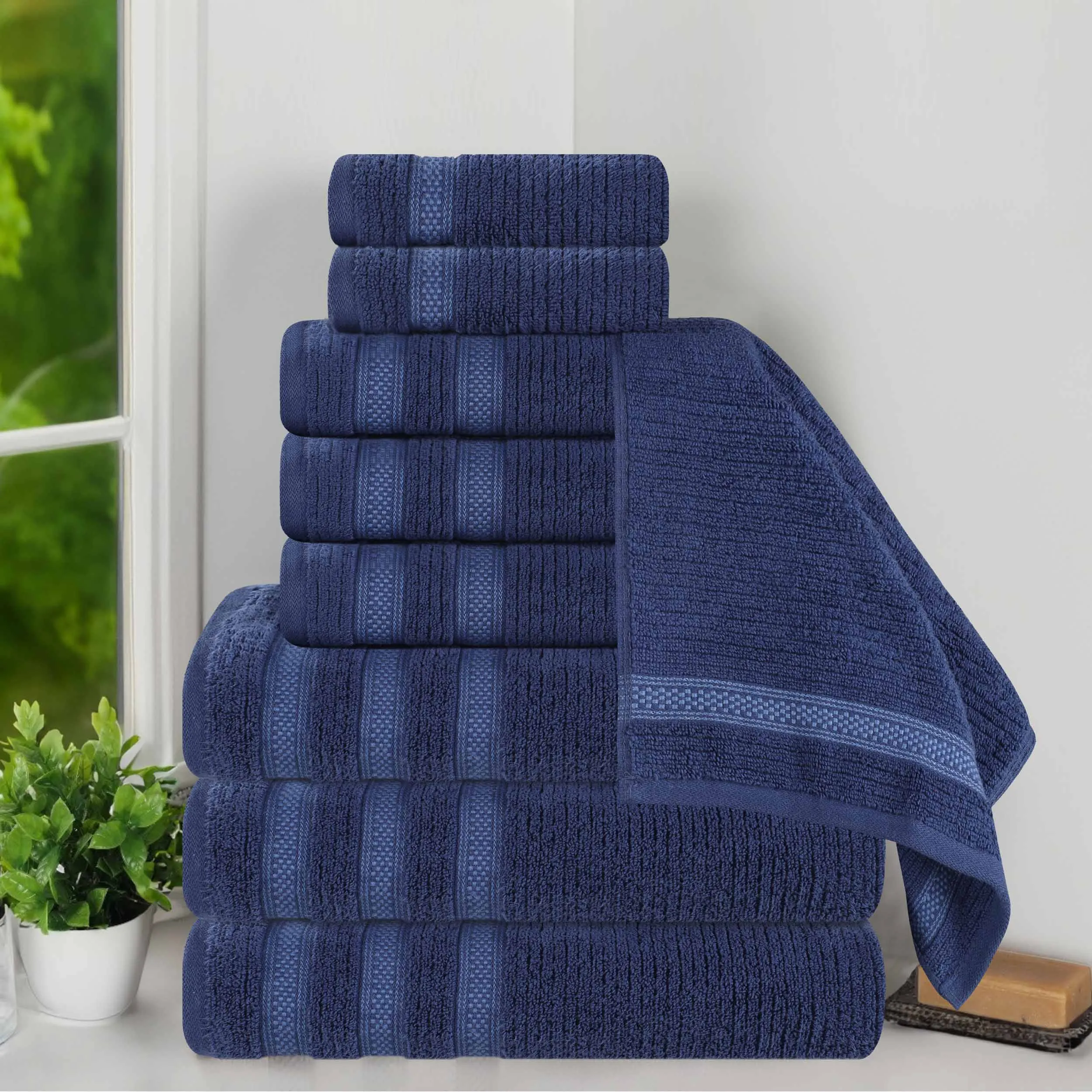 Brea Zero Twist Cotton Ribbed Geometric Border 9 Piece Towel Set