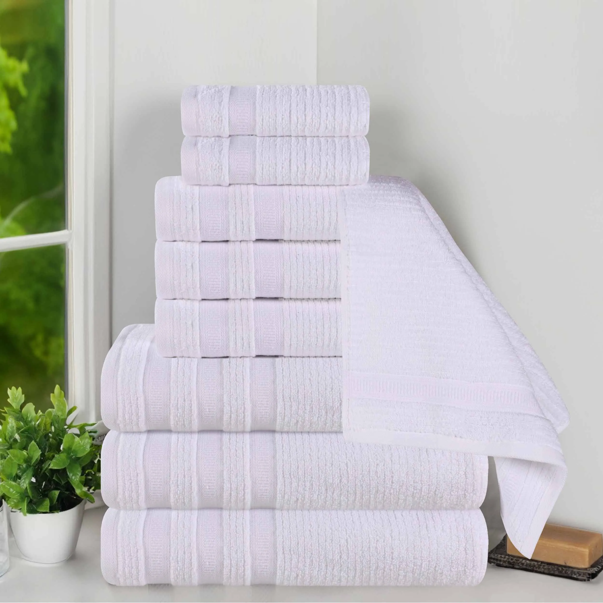 Brea Zero Twist Cotton Ribbed Geometric Border 9 Piece Towel Set