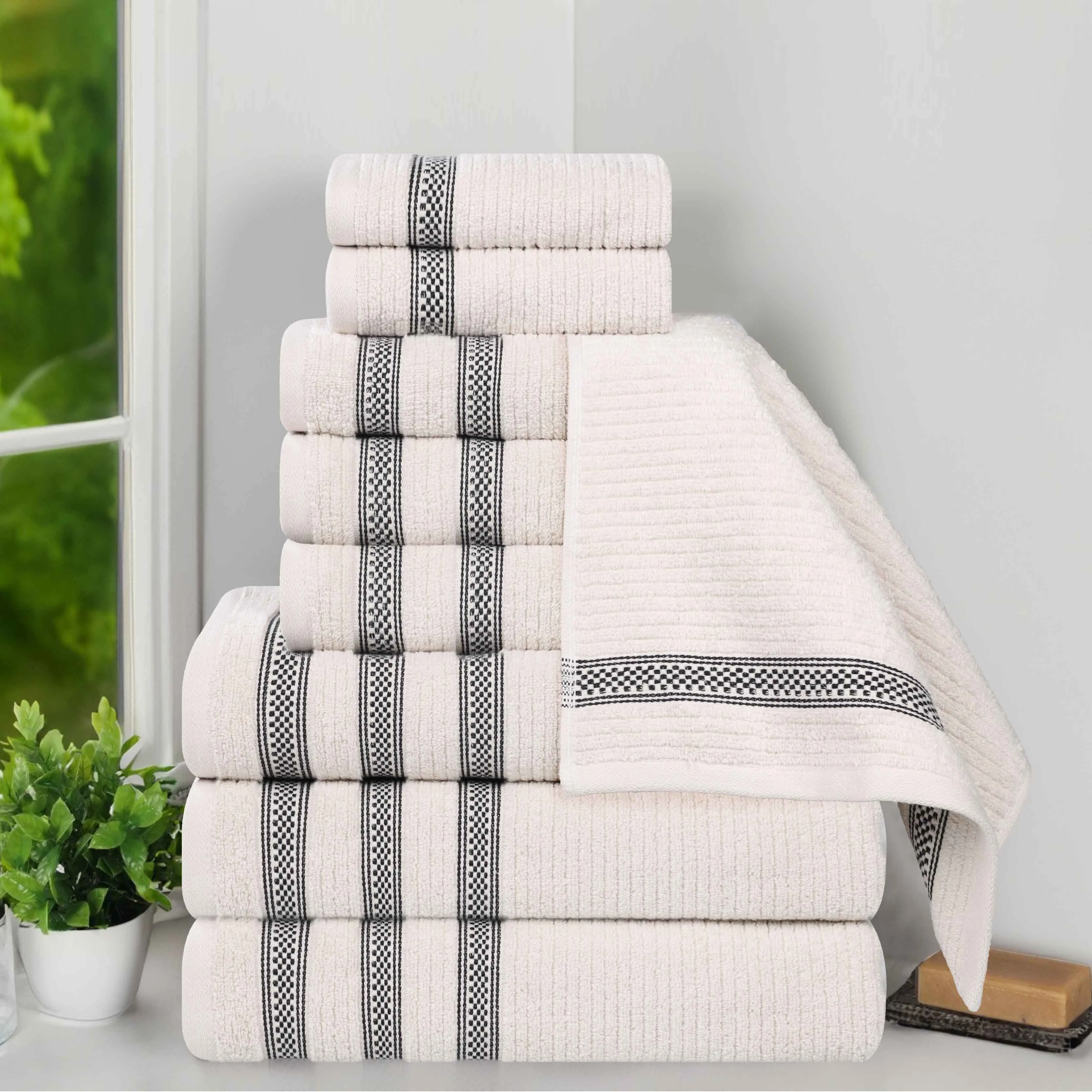 Brea Zero Twist Cotton Ribbed Geometric Border 9 Piece Towel Set