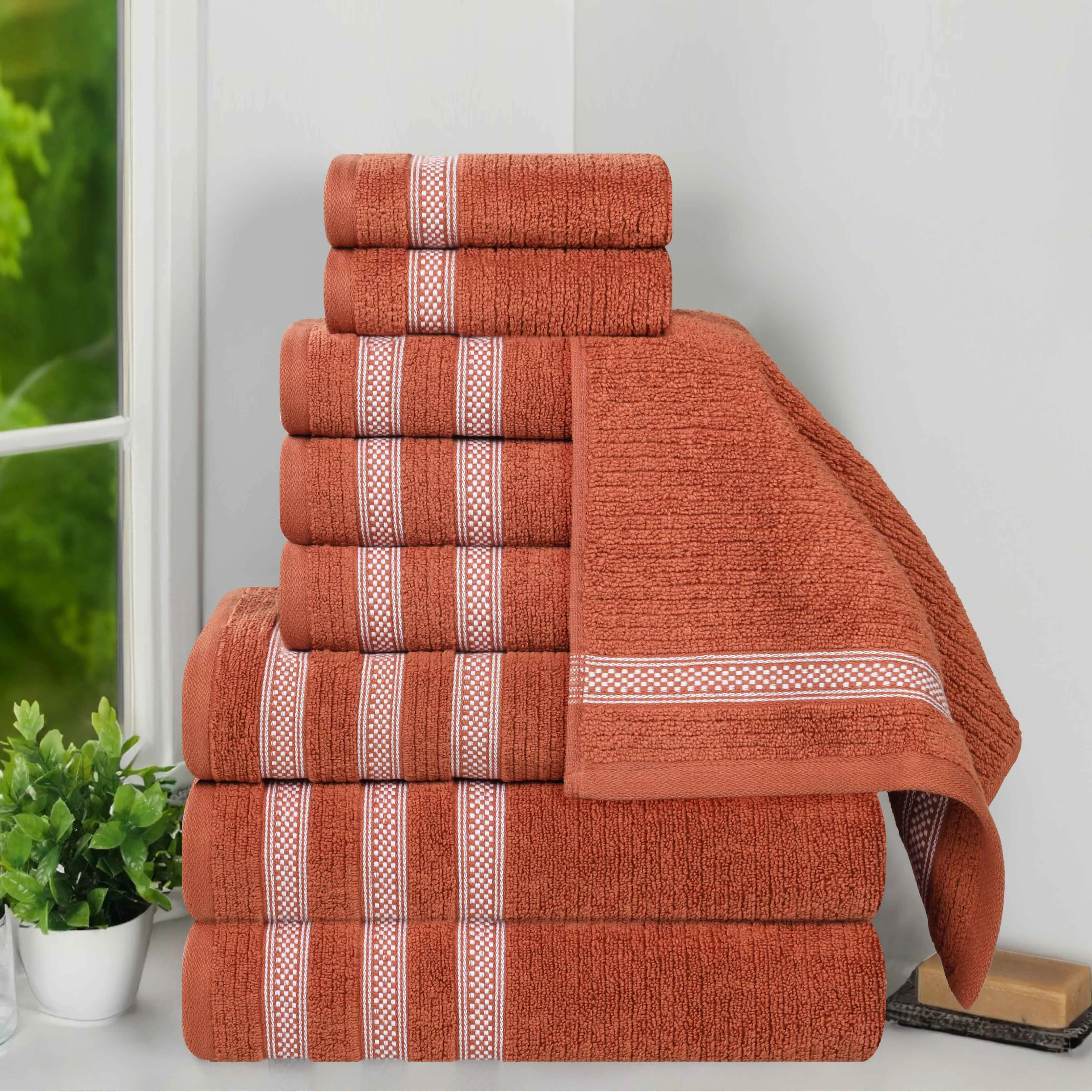 Brea Zero Twist Cotton Ribbed Geometric Border 9 Piece Towel Set