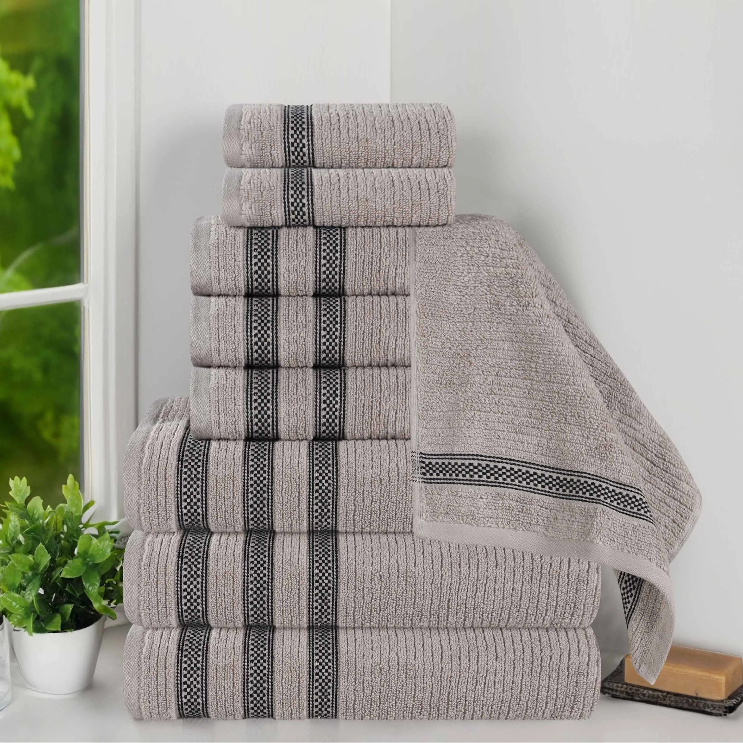 Brea Zero Twist Cotton Ribbed Geometric Border 9 Piece Towel Set