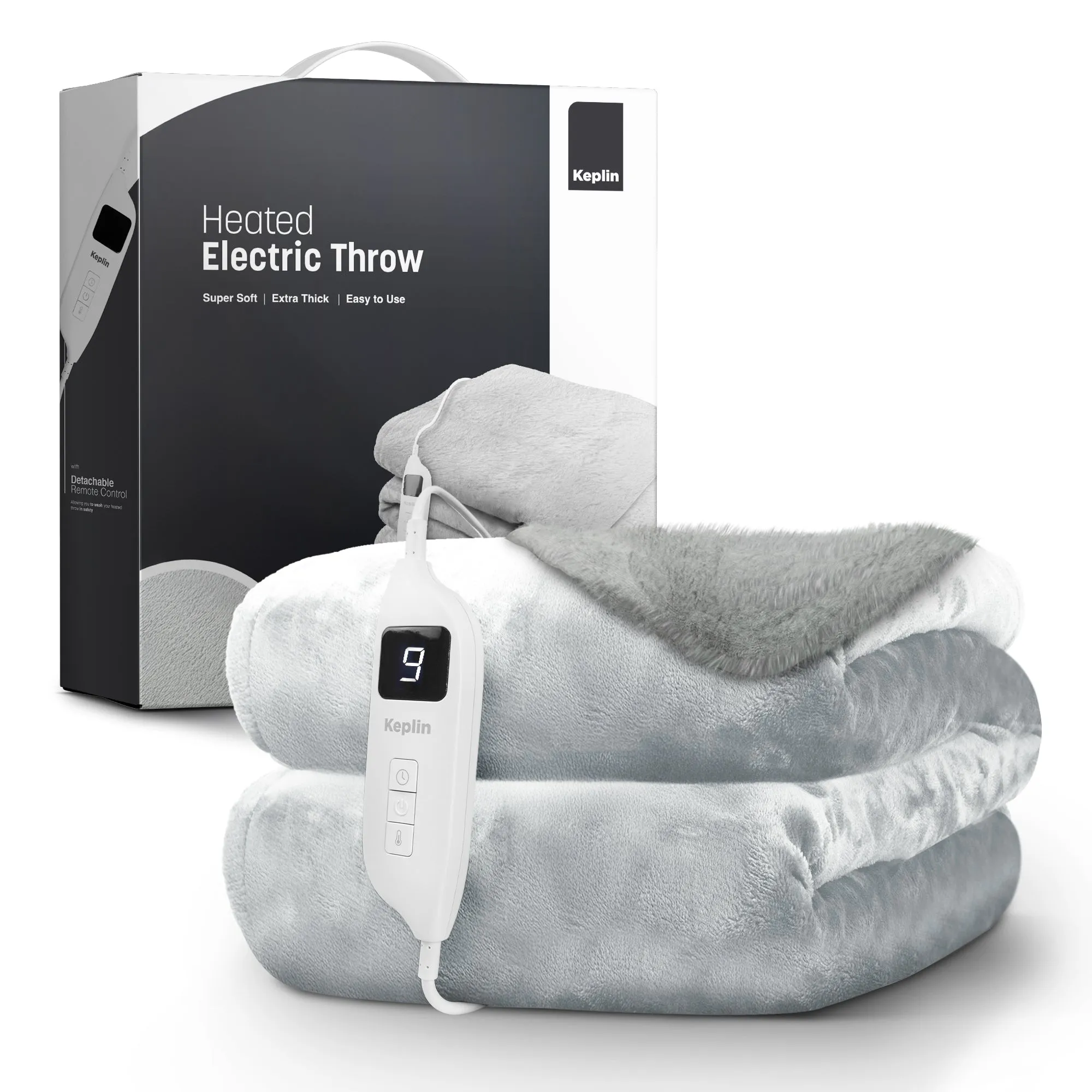 Electric Heated Throw Blanket - Machine Washable Fleece Wool Duvet, 9 Heat Settings & Timer