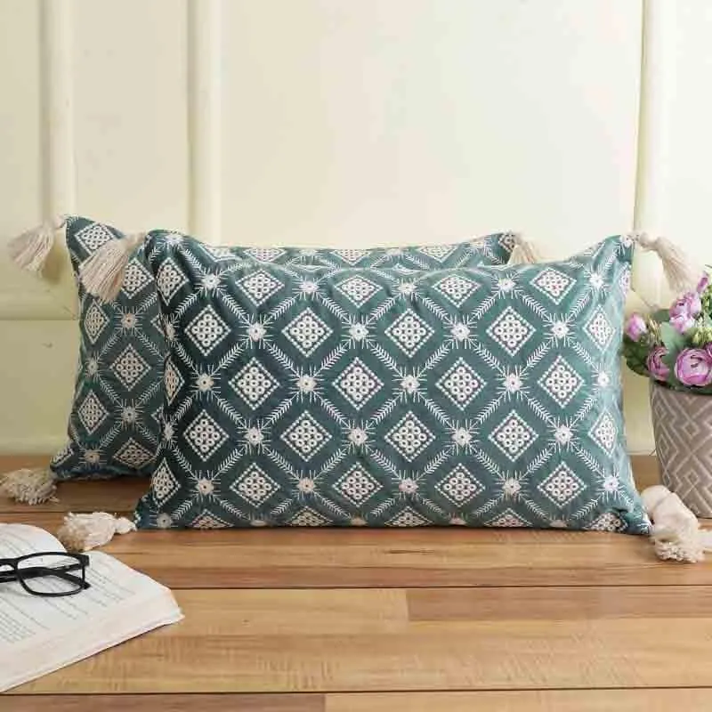 Embroidered Lattice Cushion Cover - (Blue) - Set Of Two