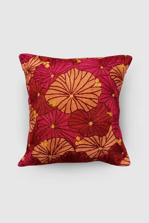 Fronds Chainstitch Embroidered  Cushion Cover Red & Yellow