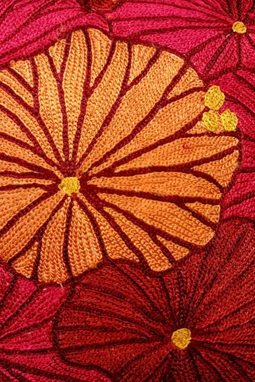 Fronds Chainstitch Embroidered  Cushion Cover Red & Yellow