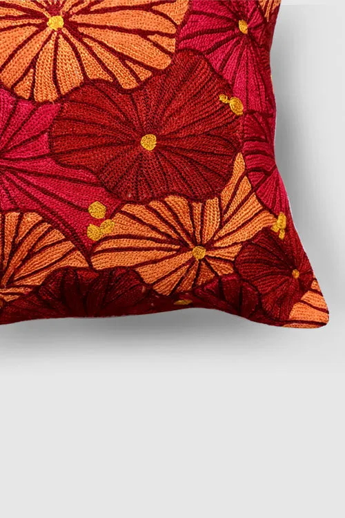 Fronds Chainstitch Embroidered  Cushion Cover Red & Yellow