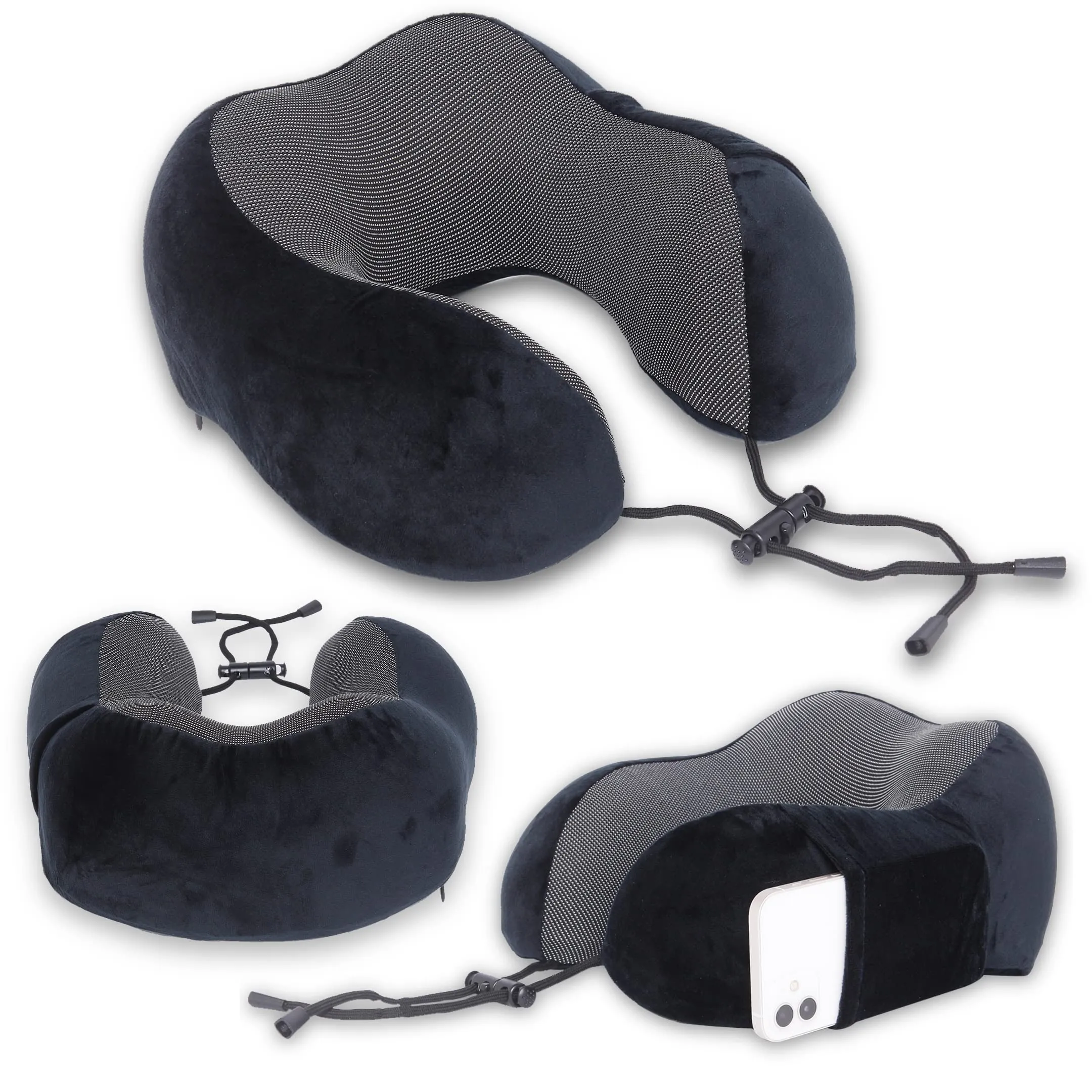 FUR JADEN Memory Foam Luxury Travel Neck Support Rest Pillow Eye Mask, Noise Isolating Ear Plugs Portable Combo (Black)