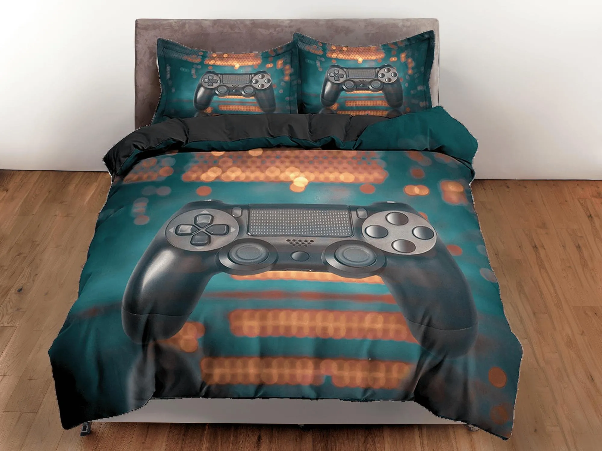 Gamer bedding bokeh effect unique duvet cover, video gamer boyfriend gift bedding set full king queen twin, boys bedroom dorm bedding