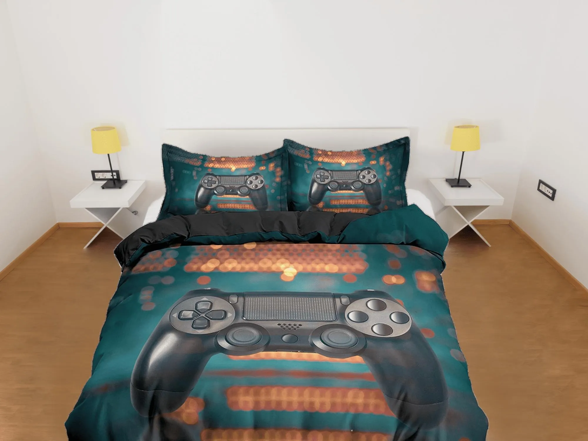 Gamer bedding bokeh effect unique duvet cover, video gamer boyfriend gift bedding set full king queen twin, boys bedroom dorm bedding