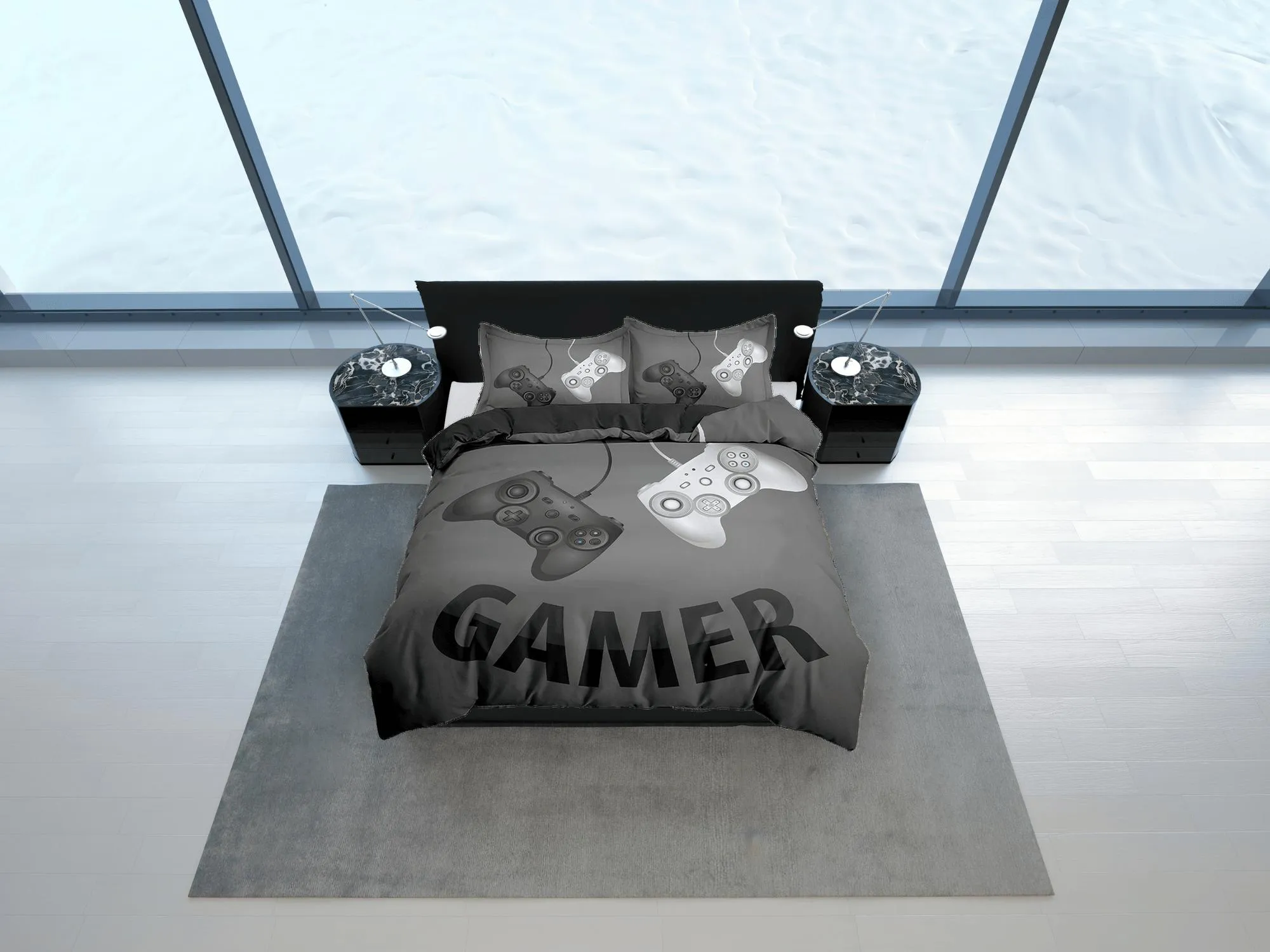 Gamer bedding dark grey duvet cover, video gamer boyfriend gift bedding set full king queen twin, boys bedroom, college dorm bedding