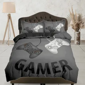 Gamer bedding dark grey duvet cover, video gamer boyfriend gift bedding set full king queen twin, boys bedroom, college dorm bedding