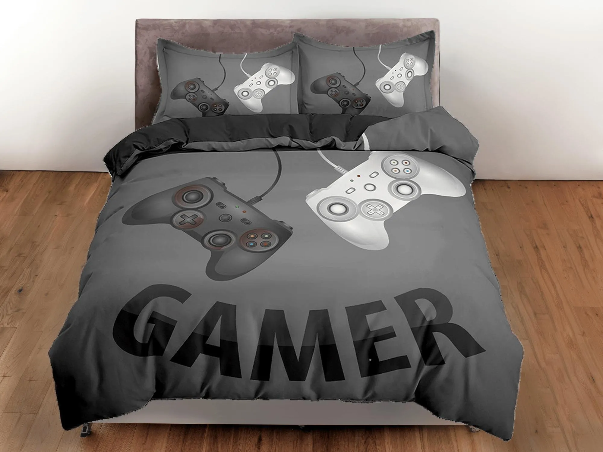 Gamer bedding dark grey duvet cover, video gamer boyfriend gift bedding set full king queen twin, boys bedroom, college dorm bedding