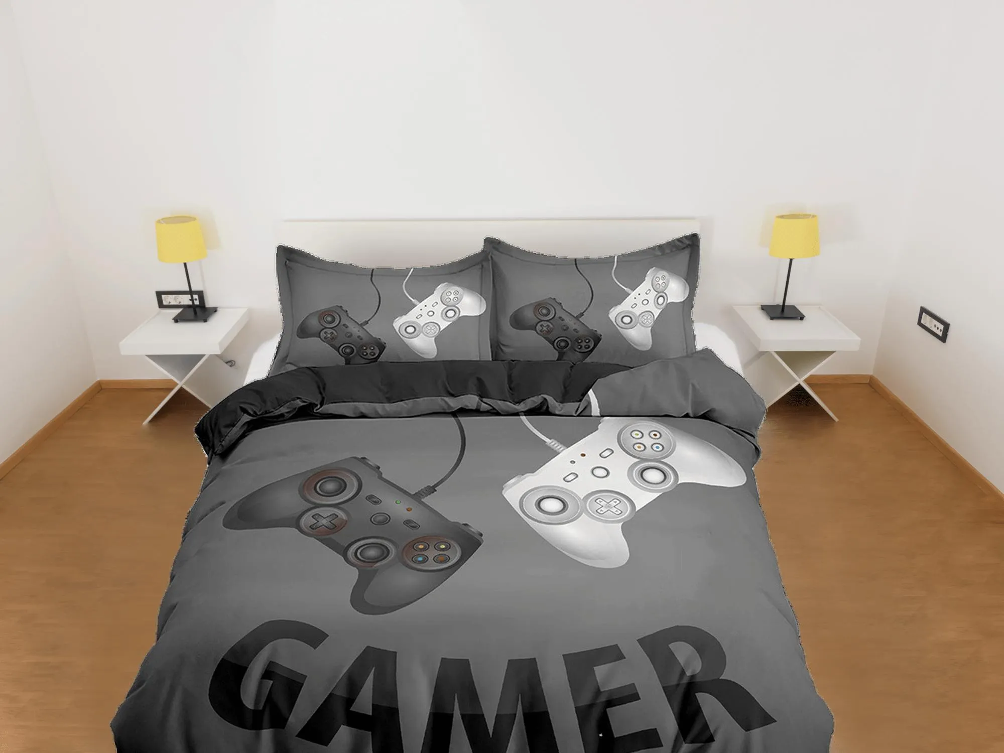 Gamer bedding dark grey duvet cover, video gamer boyfriend gift bedding set full king queen twin, boys bedroom, college dorm bedding