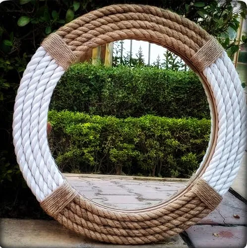 Handcrafted Wall Mirror Decorative Rustic Rope Designer Hardwood Round Wall Mount Mirror for Home & Office Decor