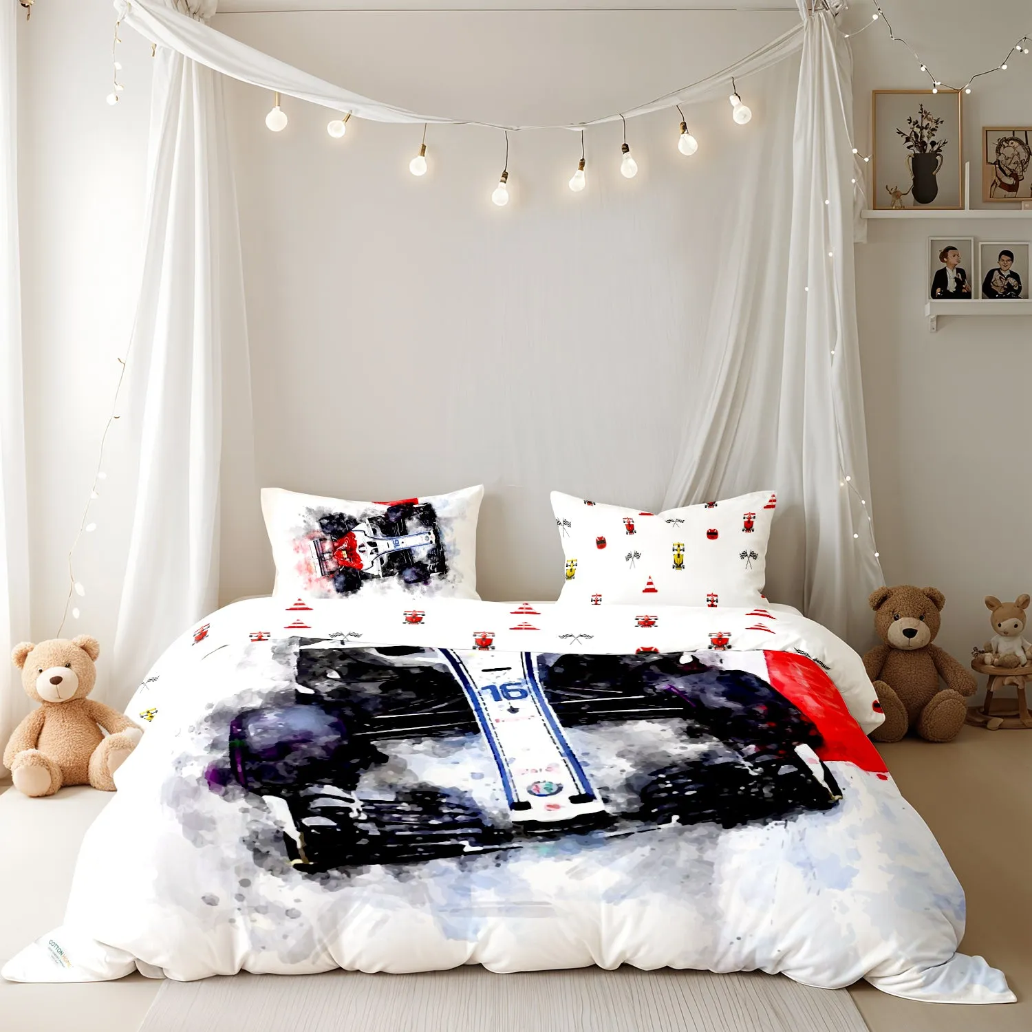 Kids Duvet Cover Set - 4 Pc - Sports Car Print 160x220cm | Cotton Home