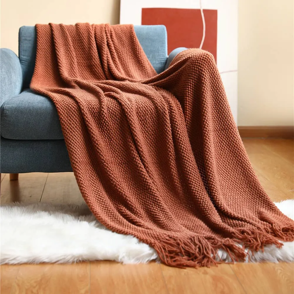 Knit Textured Throw Blanket with Fringe