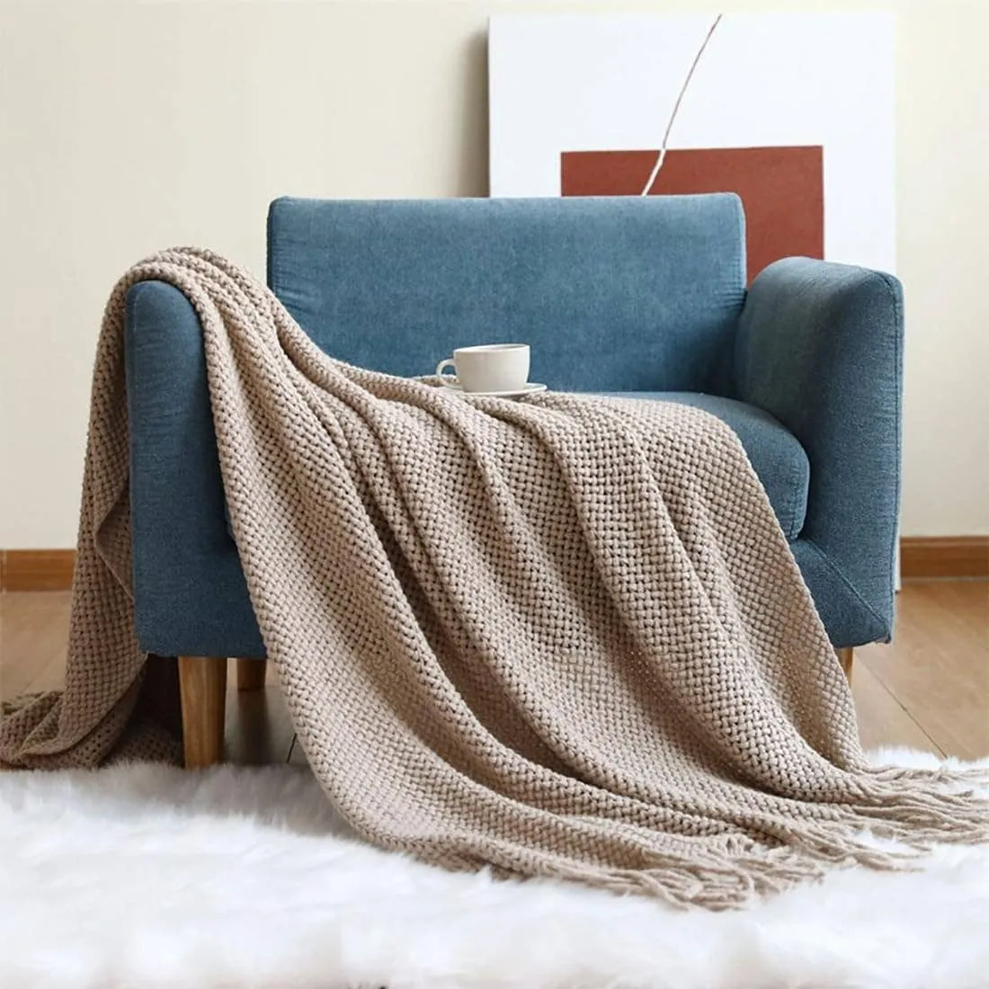 Knit Textured Throw Blanket with Fringe