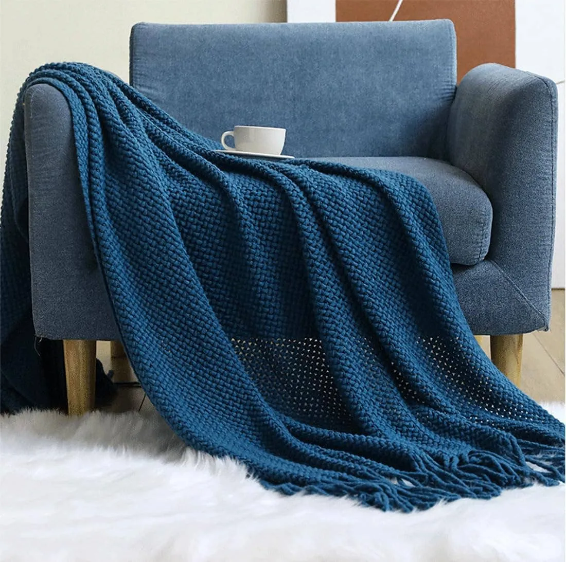 Knit Textured Throw Blanket with Fringe