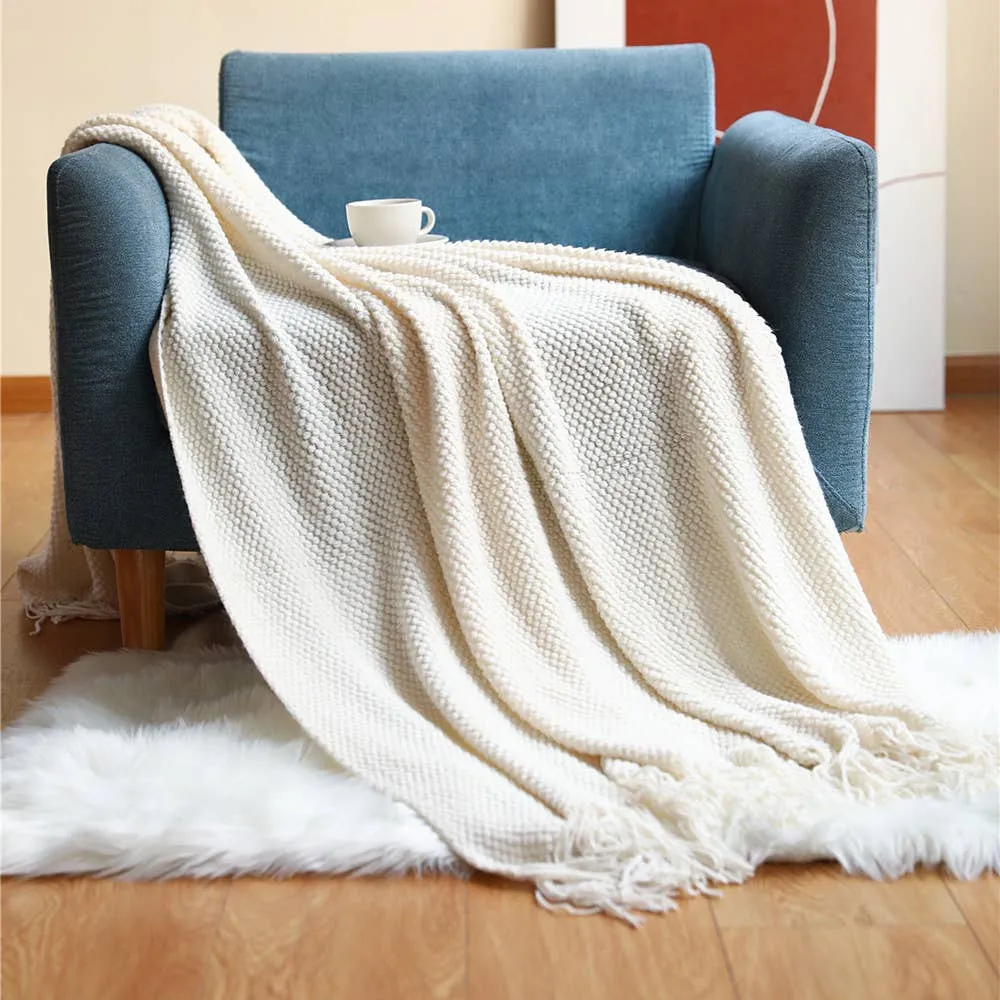 Knit Textured Throw Blanket with Fringe