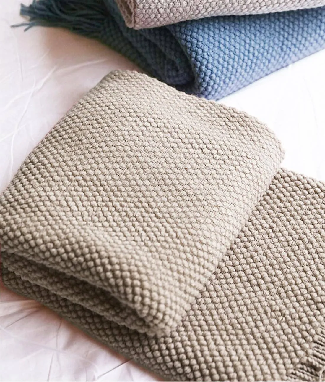 Knit Textured Throw Blanket with Fringe