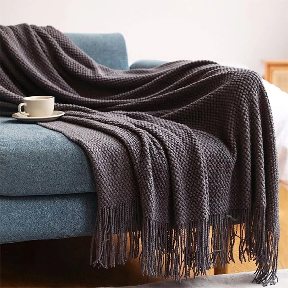 Knit Textured Throw Blanket with Fringe