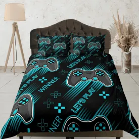 Lets play cool gamer bedding cyan black duvet cover, video gamer boyfriend gift bedding set full king queen twin, boys bedroom, dorm bedding