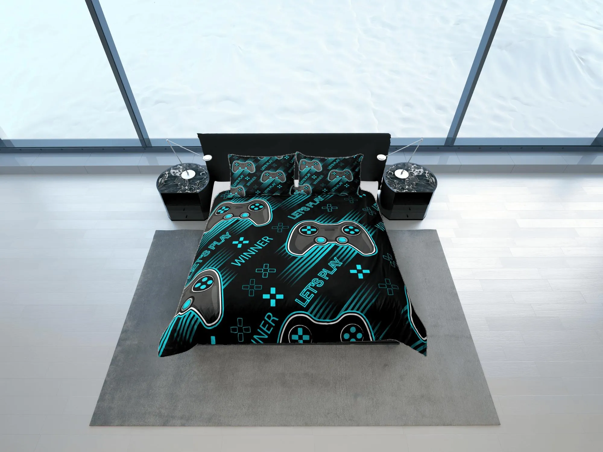 Lets play cool gamer bedding cyan black duvet cover, video gamer boyfriend gift bedding set full king queen twin, boys bedroom, dorm bedding