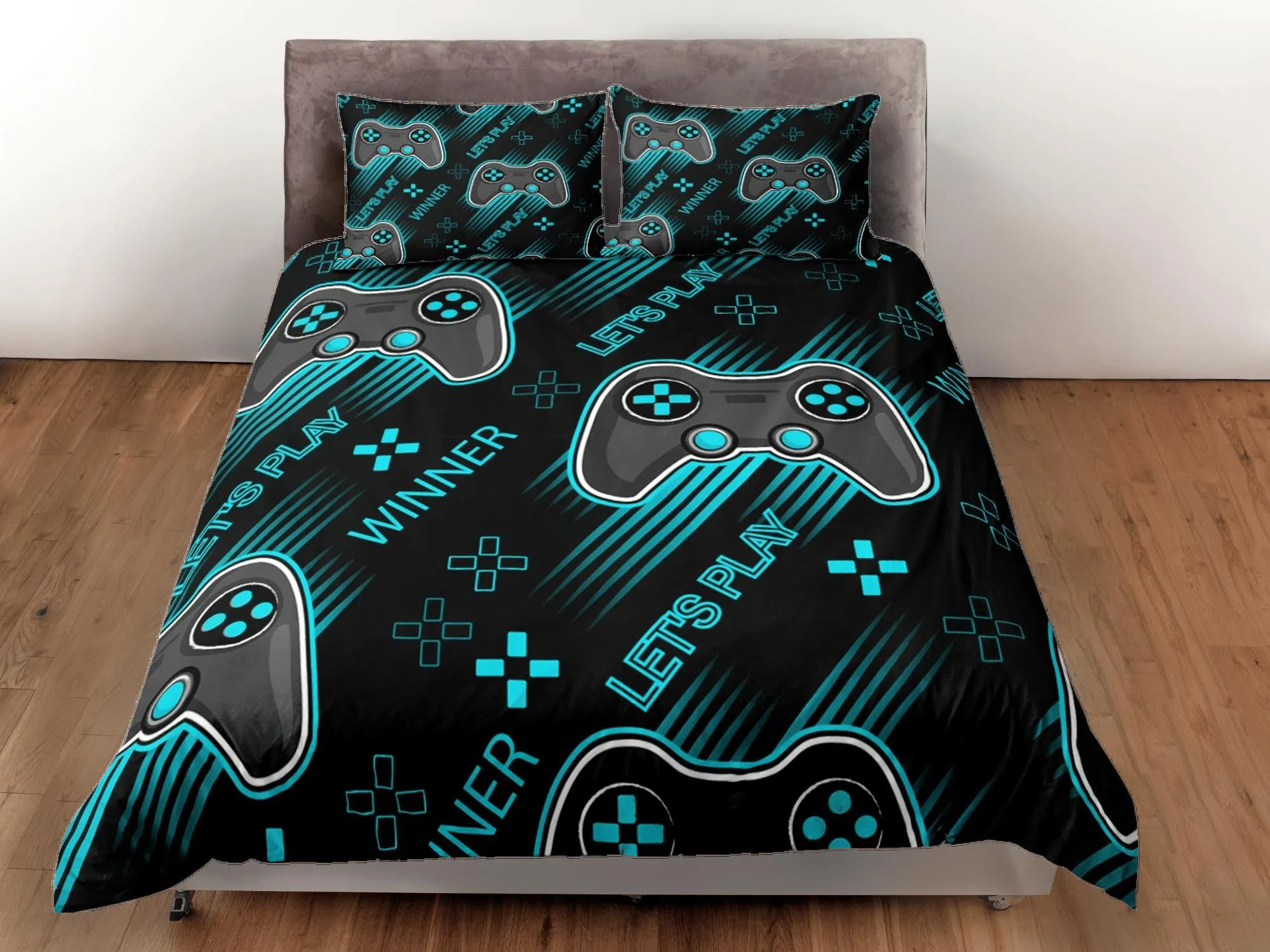 Lets play cool gamer bedding cyan black duvet cover, video gamer boyfriend gift bedding set full king queen twin, boys bedroom, dorm bedding