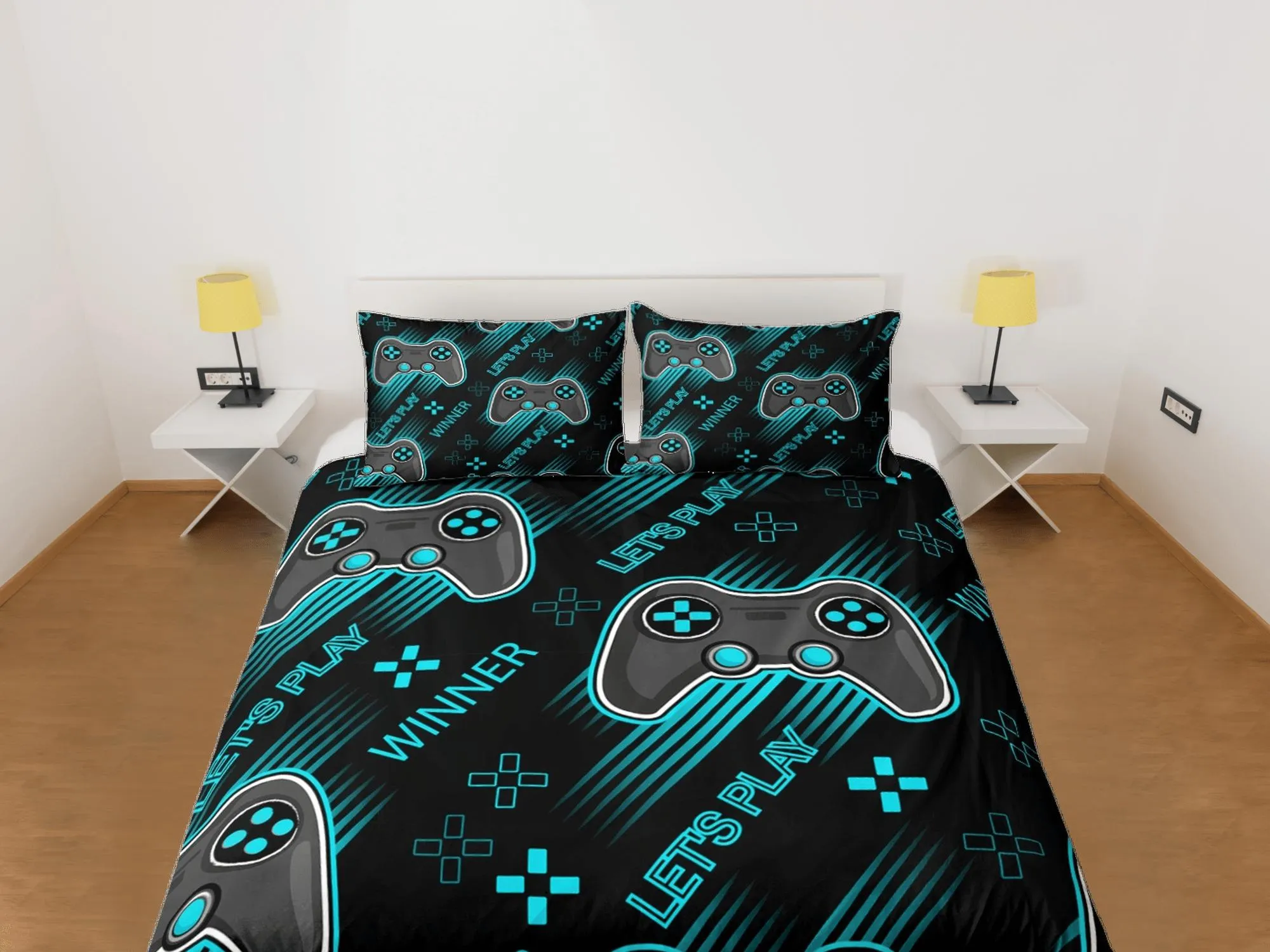 Lets play cool gamer bedding cyan black duvet cover, video gamer boyfriend gift bedding set full king queen twin, boys bedroom, dorm bedding