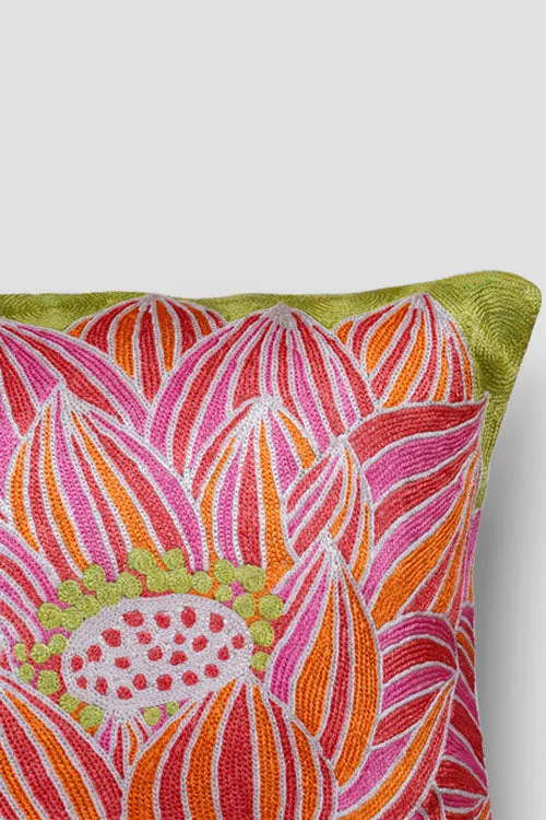 Lotus Chainstitch Embroidered  Cushion Cover - Pastel