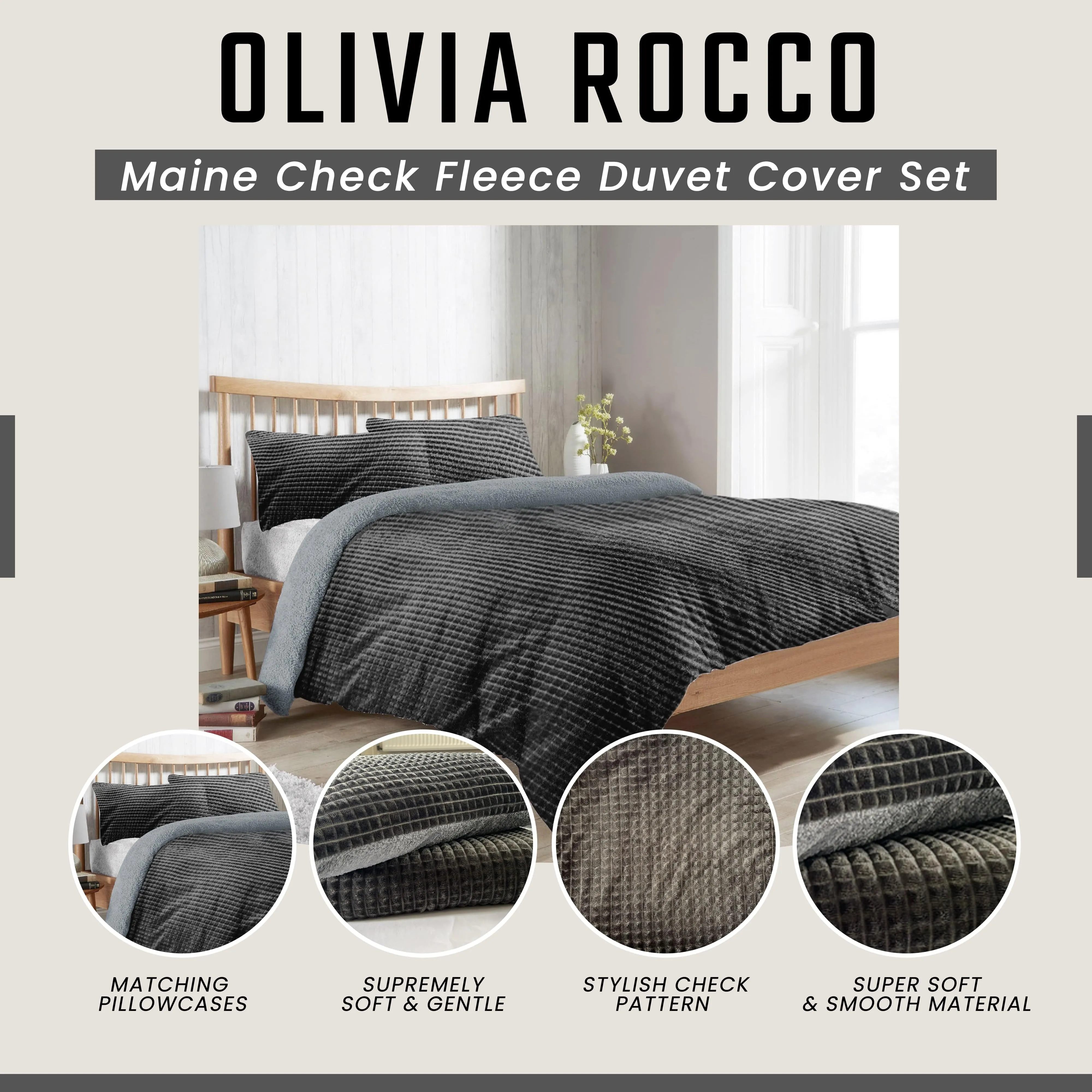 Maine Check Super Soft Fluffy Fleece Duvet Cover Set with Pillowcases Reversible Bedding for Winter Warmth in Black Grey by OLIVIA ROCCO