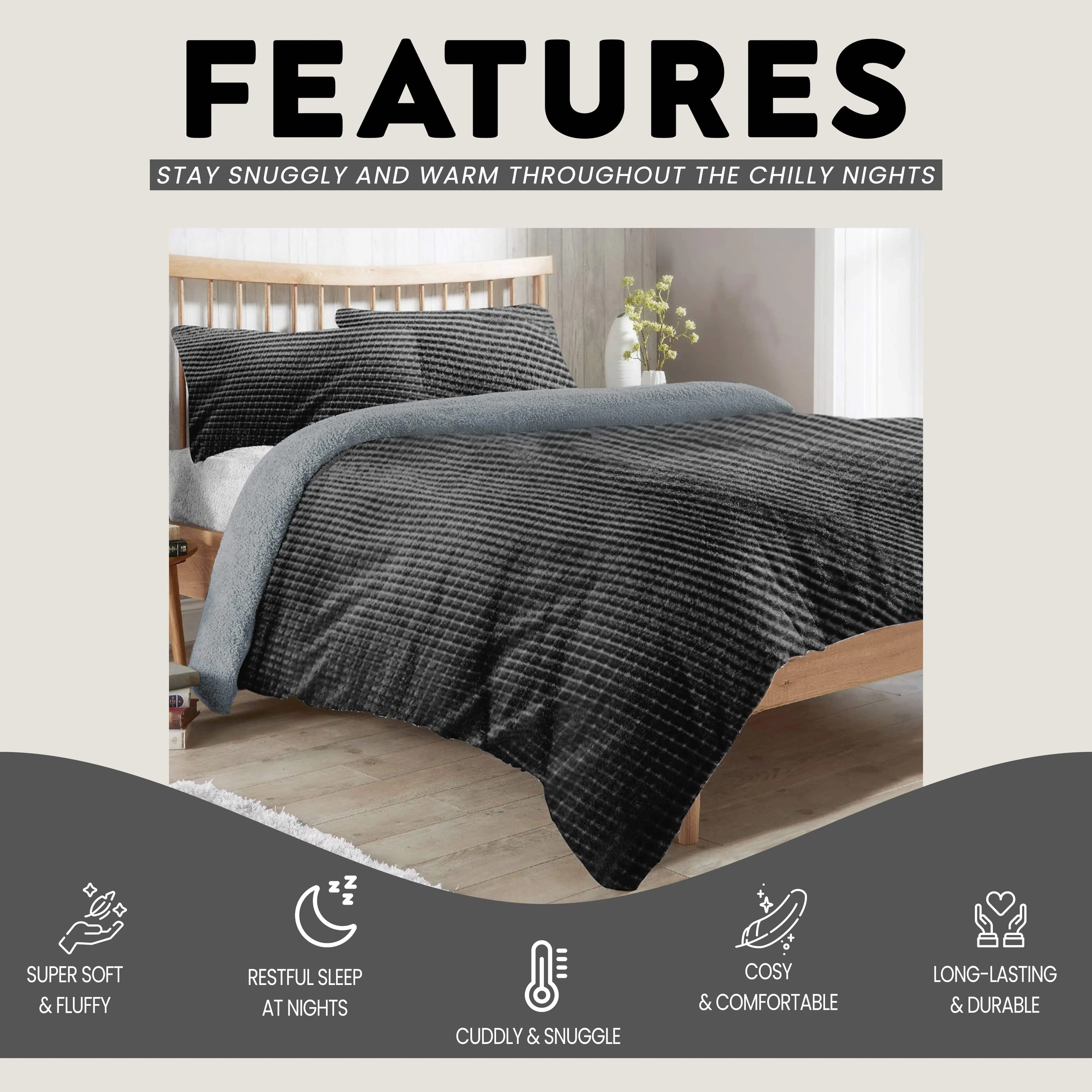 Maine Check Super Soft Fluffy Fleece Duvet Cover Set with Pillowcases Reversible Bedding for Winter Warmth in Black Grey by OLIVIA ROCCO