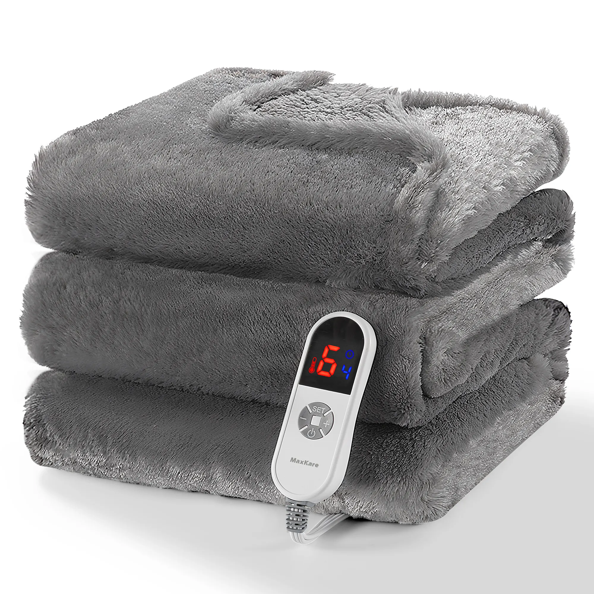 MaxKare Electric Throw Blanket 60" x 70" with 6 Heating Levels & 4 Hours Timer, Large LED Display, Soft Faux Fur & Shu Velvet - Gray