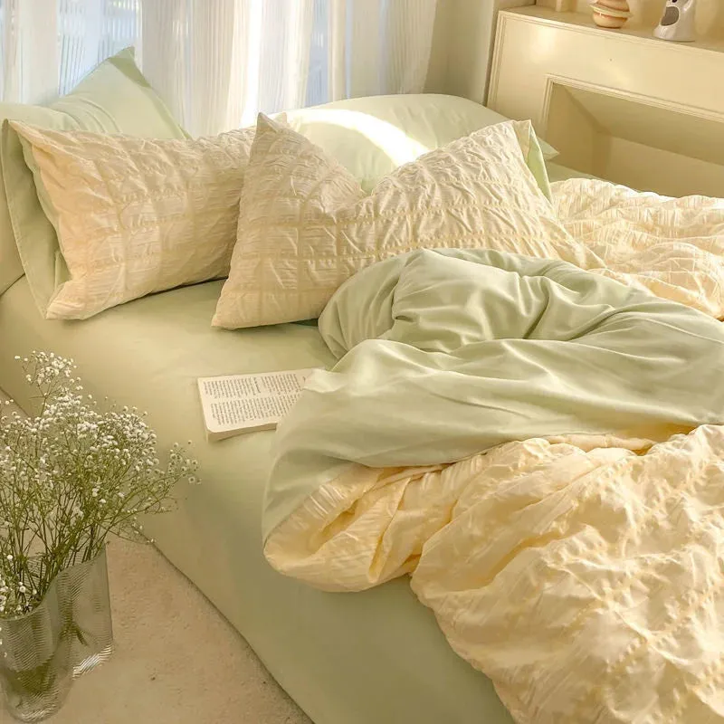 Pastel Color Korean INS Seersucker Duvet Bedding Set