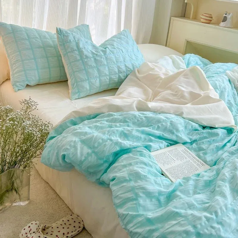 Pastel Color Korean INS Seersucker Duvet Bedding Set