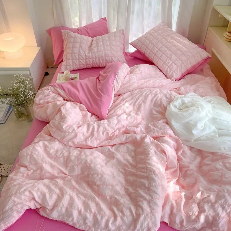 Pastel Color Korean INS Seersucker Duvet Bedding Set