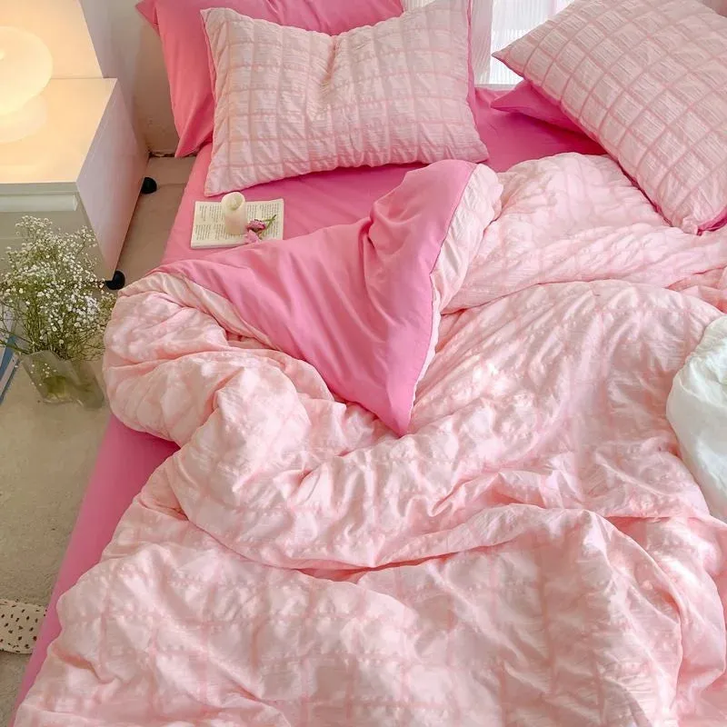 Pastel Color Korean INS Seersucker Duvet Bedding Set