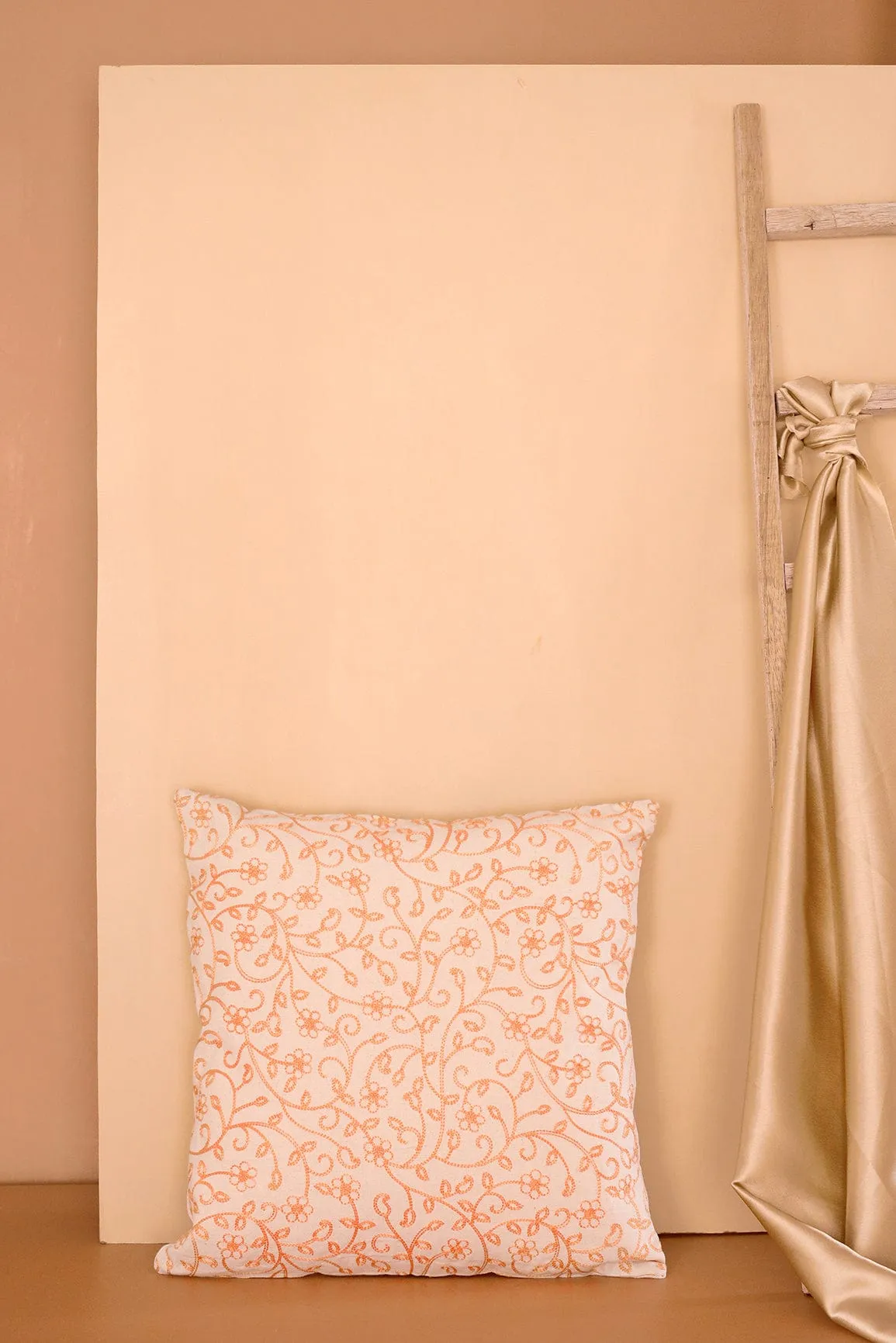 Peach Colour Floral Embroidery on Off White cotton Cushion Cover (16*16 inches)