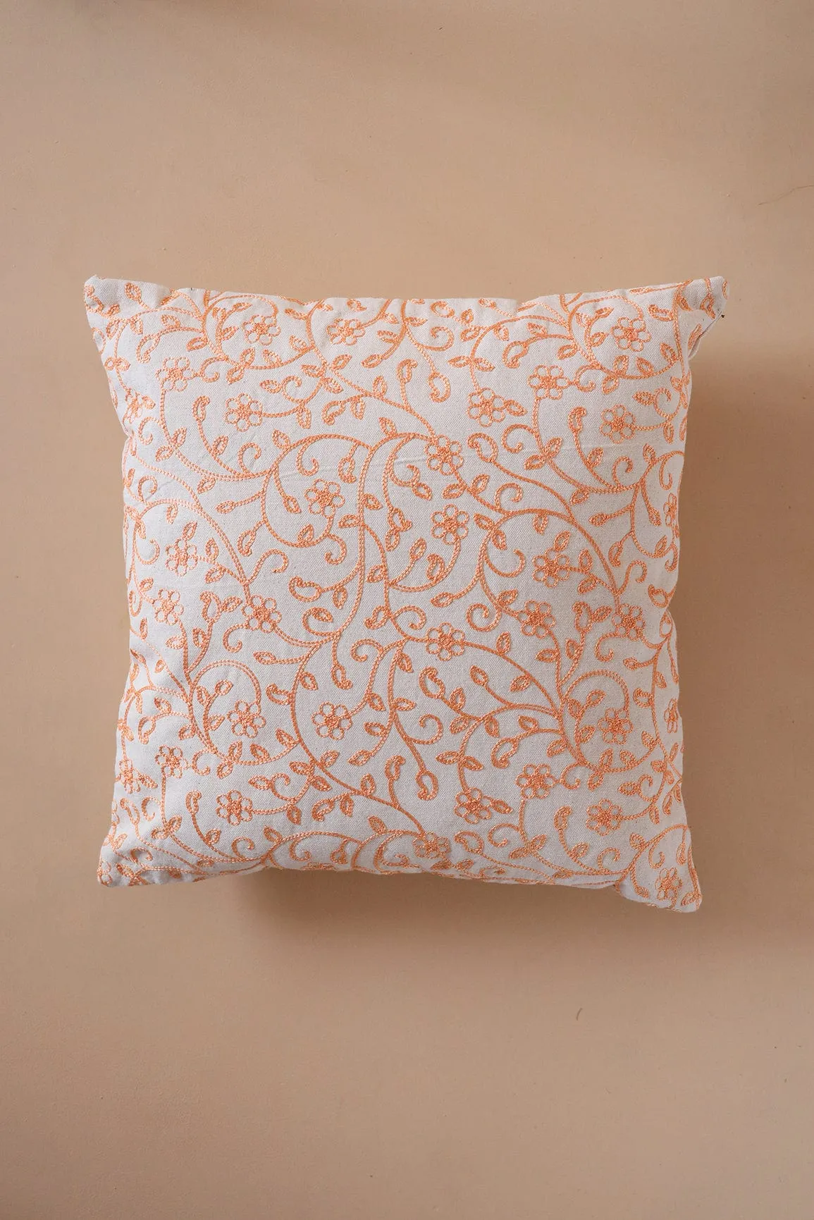 Peach Colour Floral Embroidery on Off White cotton Cushion Cover (16*16 inches)