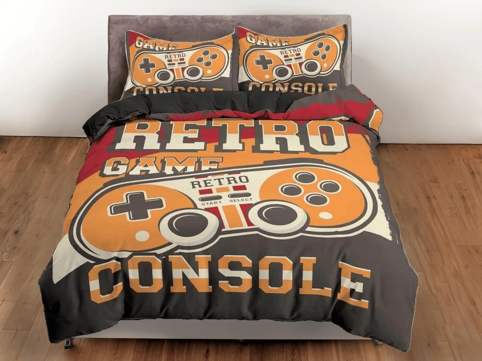 Retro game console gamer bedding duvet cover, video gamer boyfriend gift bedding set full king queen twin, boys bedroom, dorm bedding