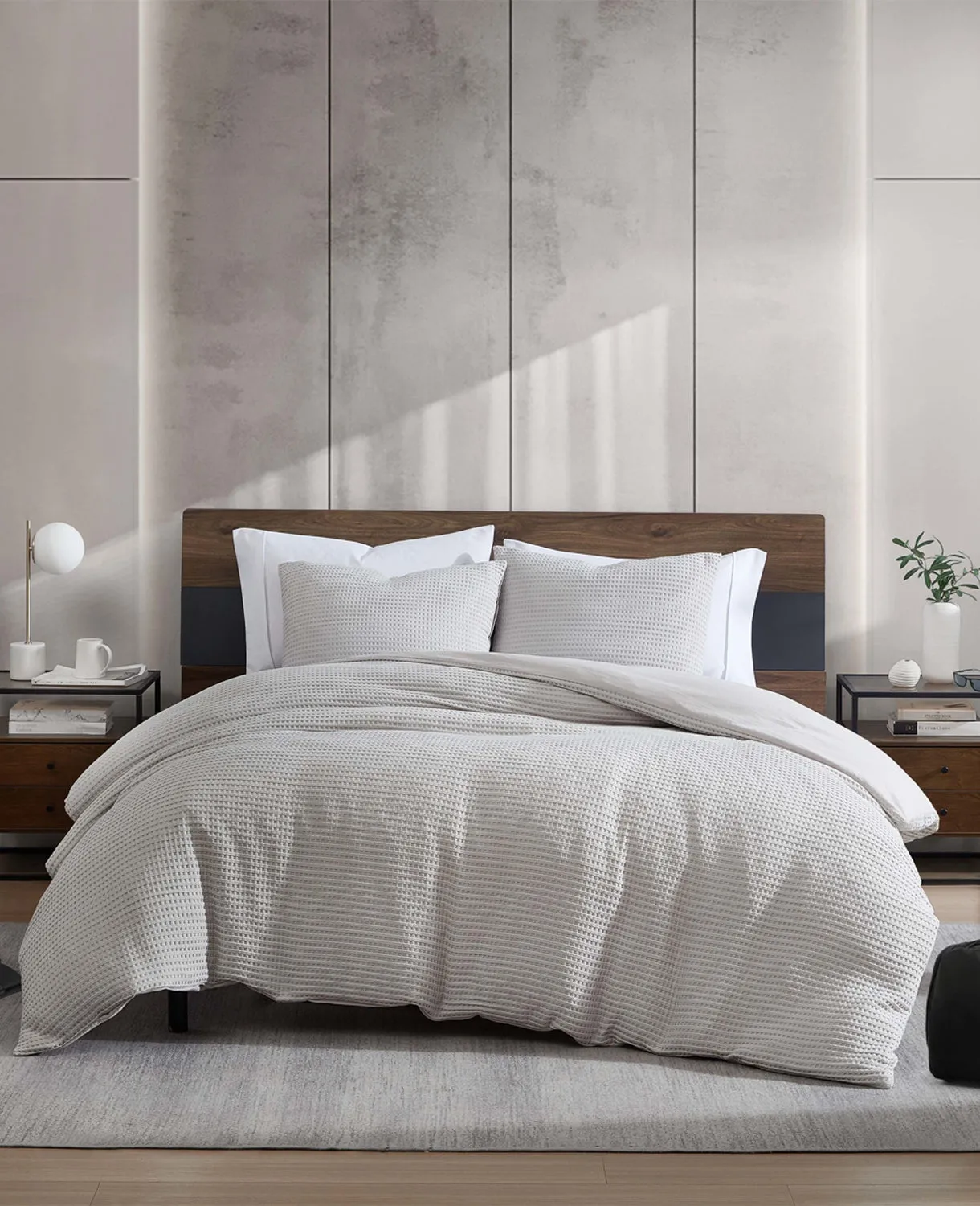 Reversible Solid Grey Waffle Duvet Cover Set