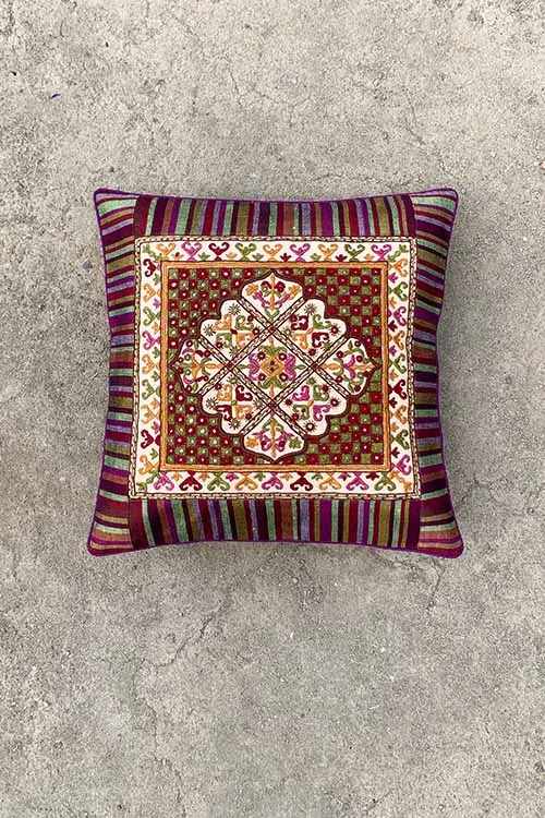 Shrujan ‘Jaipur’ 40cm X 40cm Multi-coloured Hand Embroidered Handloom Cotton Cushion Cover Pair