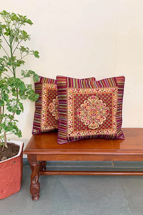 Shrujan ‘Jaipur’ 40cm X 40cm Multi-coloured Hand Embroidered Handloom Cotton Cushion Cover Pair