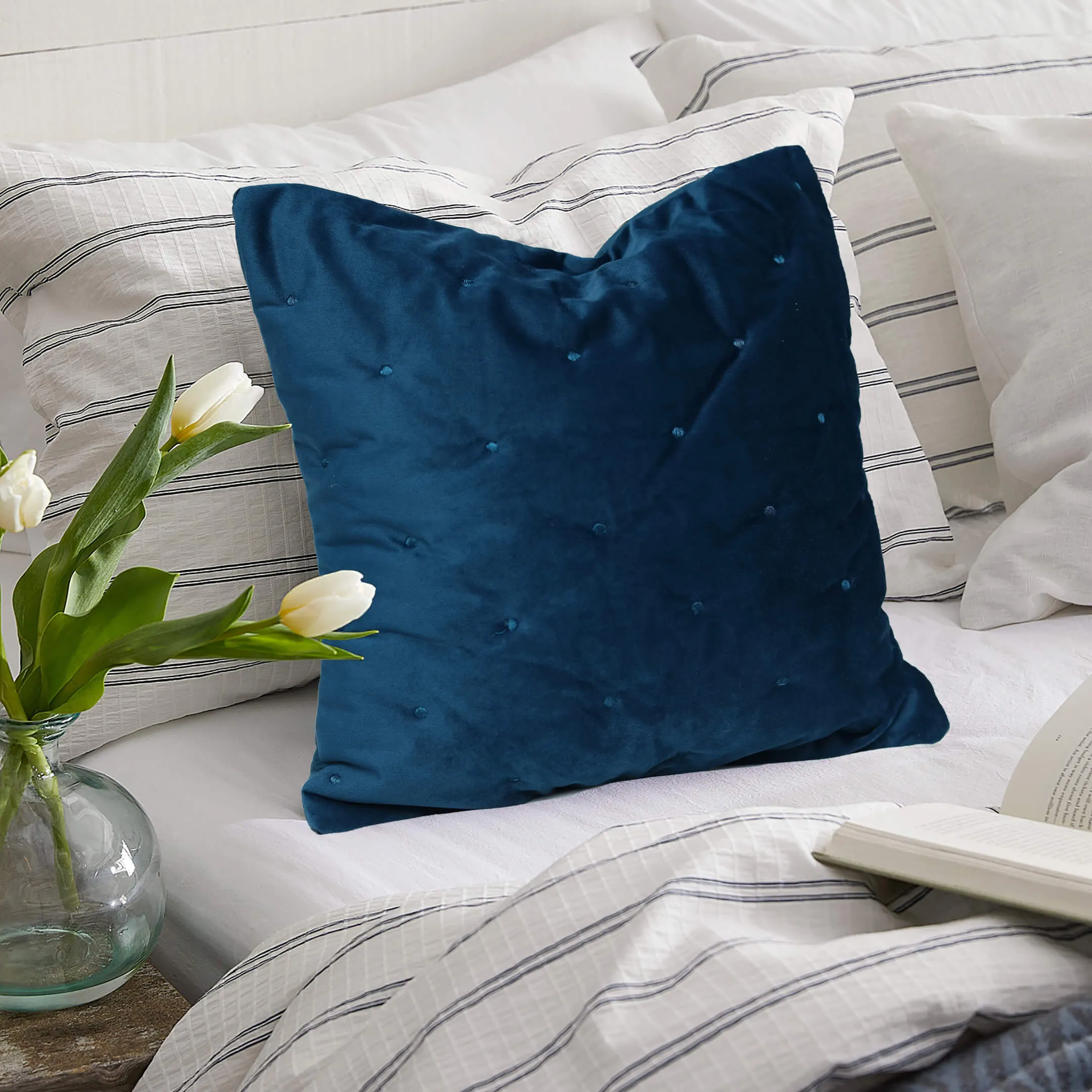 Velvet Quilted Embroidered Cushion Cover Royal Blue